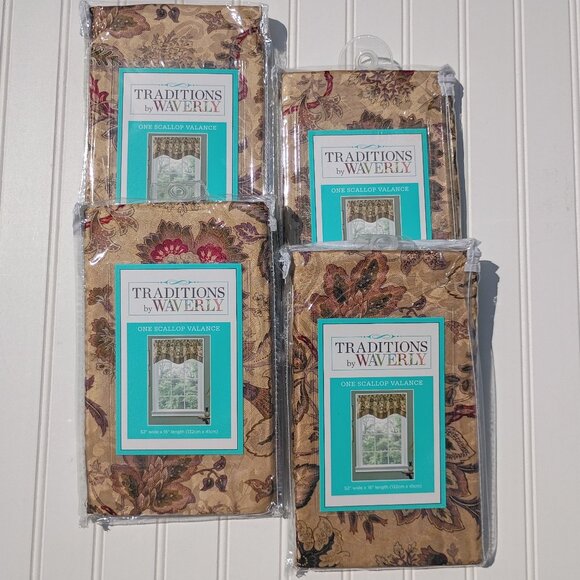 WAVERLY Navarra Antique Curtain Valances SET OF 4 Scalloped Valance Gold Floral - Picture 1 of 13